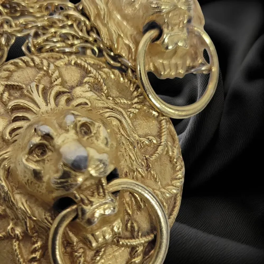 Vintage Double Lion Door Knocker Necklace Costume Jewelry Gold Pendant Statement